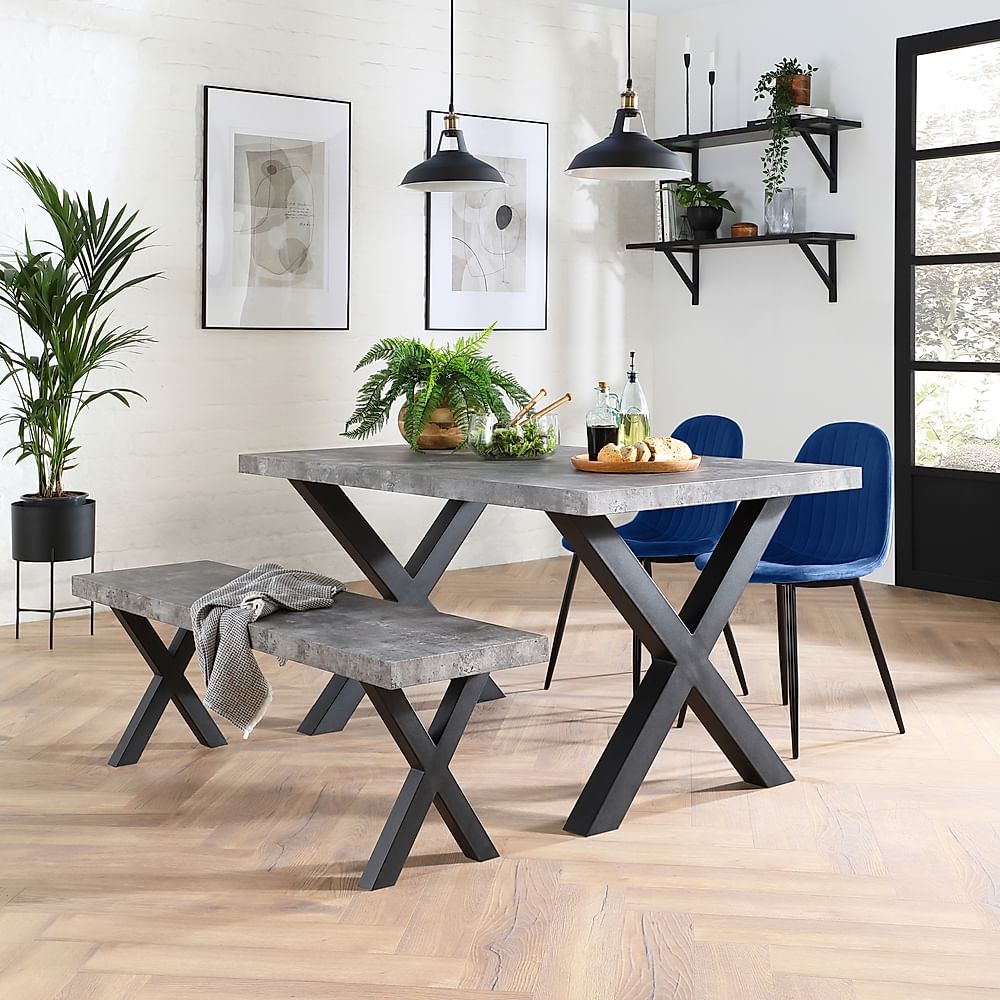 Franklin Industrial Dining Table, Bench & 2 Brooklyn Chairs, Grey Concrete Effect & Black Steel, Blue Classic Velvet, 150cm