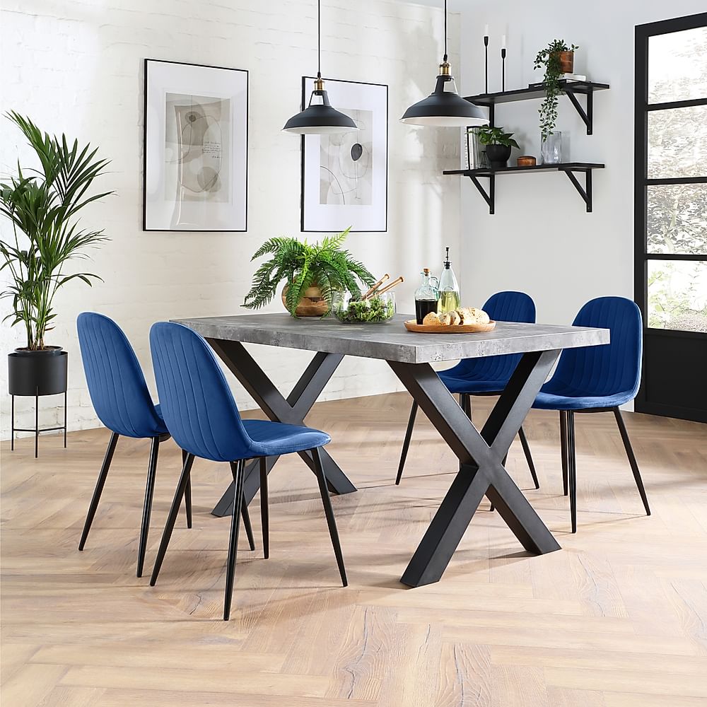Franklin Industrial Dining Table & 4 Brooklyn Chairs, Grey Concrete Effect & Black Steel, Blue Classic Velvet, 150cm