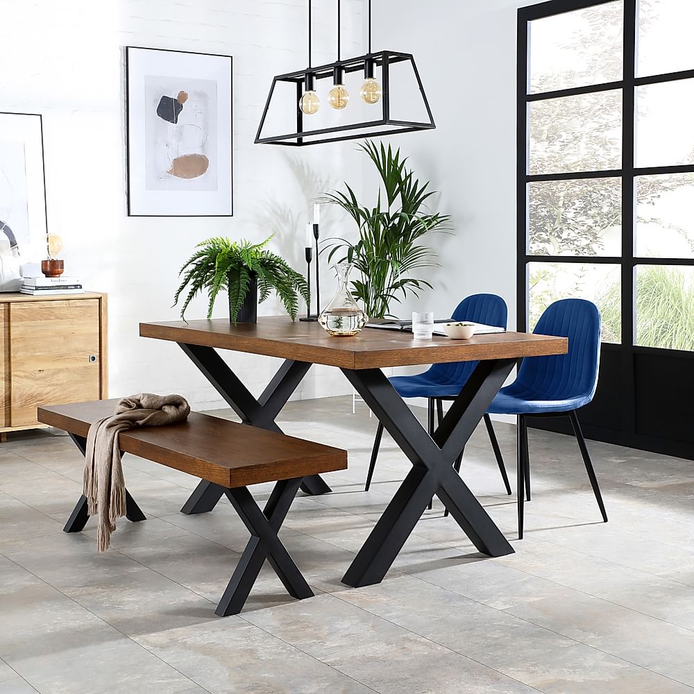 Franklin Industrial Dining Table, Bench & 2 Brooklyn Chairs, Dark Oak Veneer & Black Steel, Blue Classic Velvet, 150cm