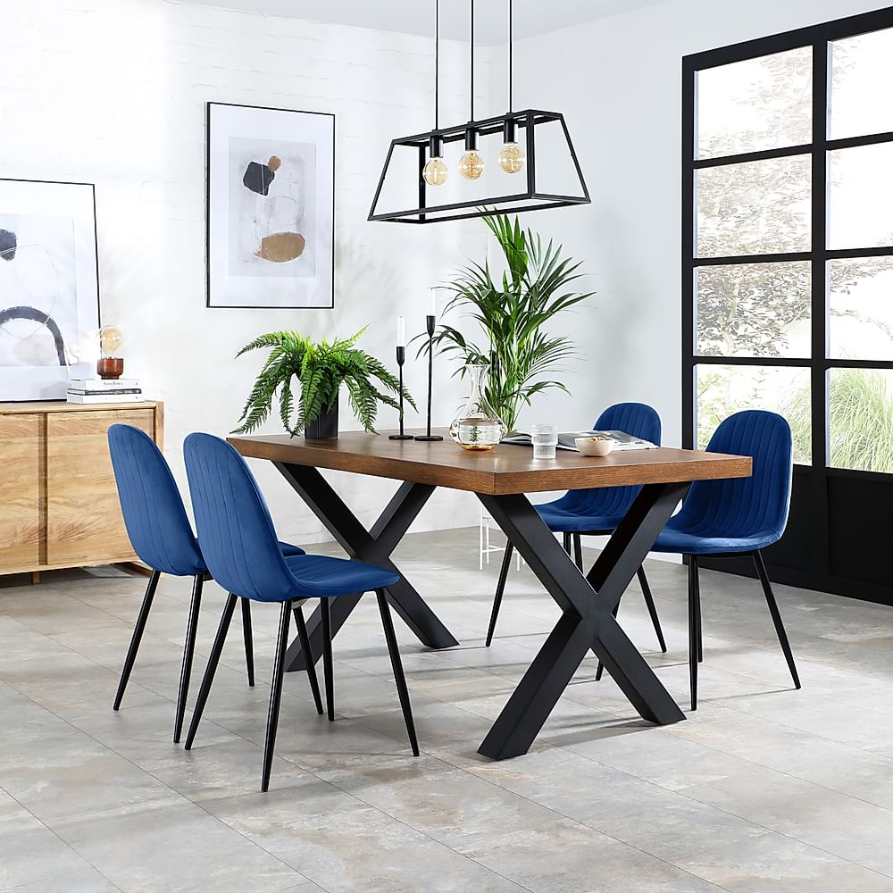 Franklin Industrial Dining Table & 4 Brooklyn Chairs, Dark Oak Veneer & Black Steel, Blue Classic Velvet, 150cm