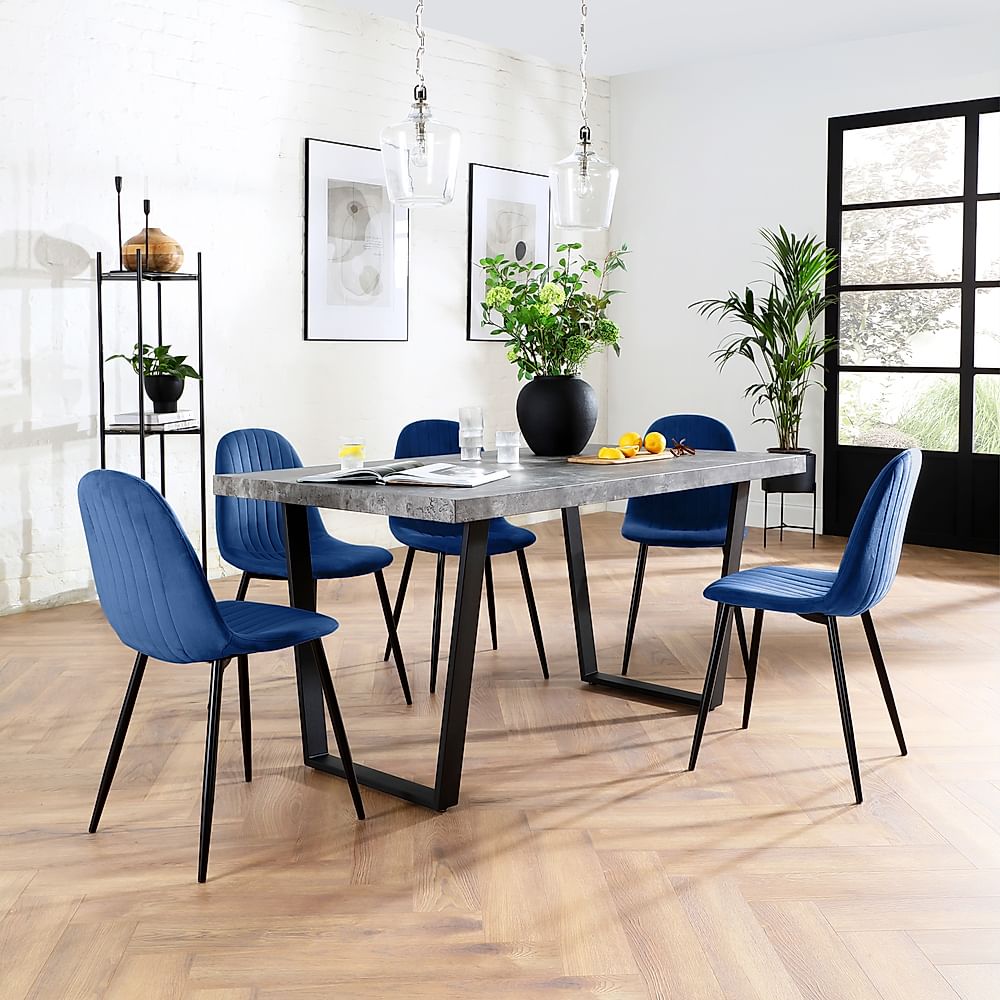 Addison Industrial Dining Table & 4 Brooklyn Chairs, Grey Concrete Effect & Black Steel, Blue Classic Velvet, 150cm