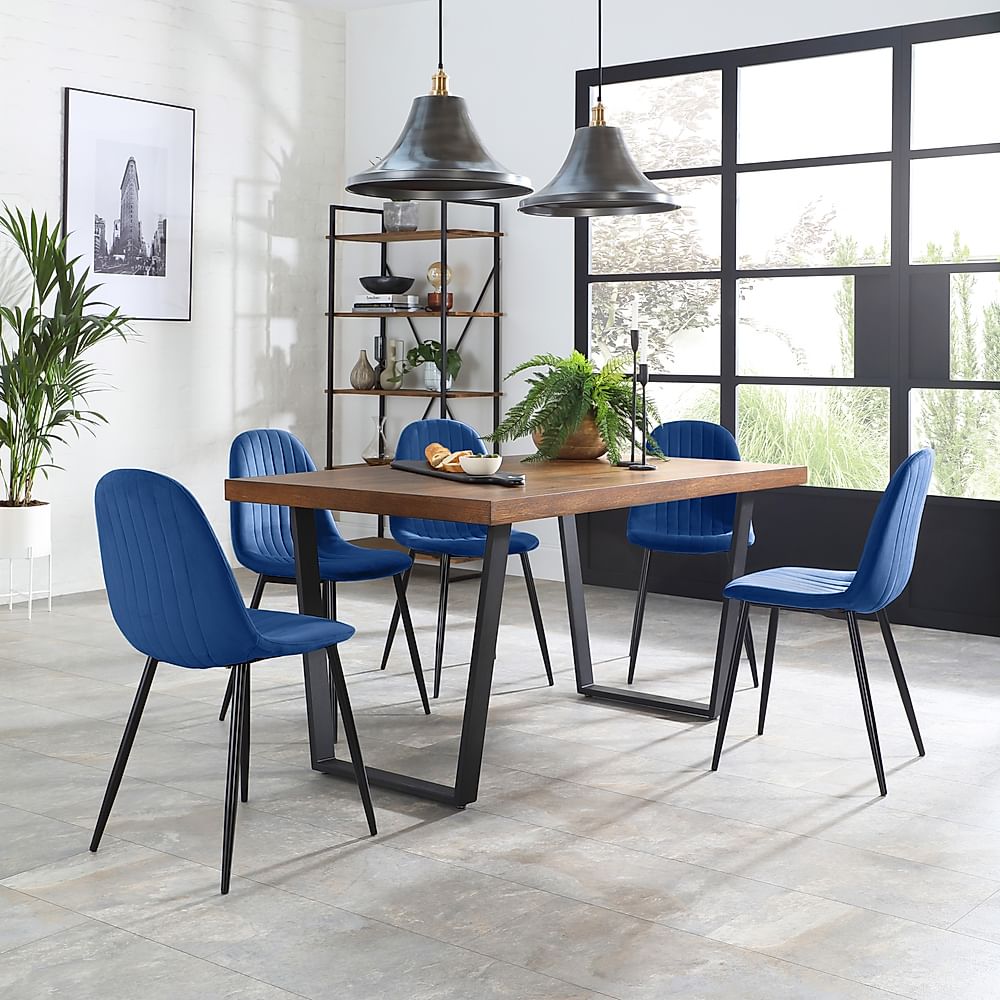 Addison Industrial Dining Table & 4 Brooklyn Chairs, Dark Oak Veneer & Black Steel, Blue Classic Velvet, 150cm