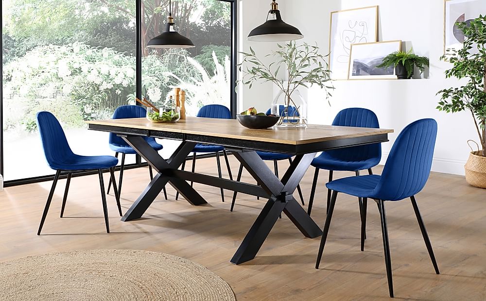 Grange Extending Dining Table & 6 Brooklyn Chairs, Natural Oak Veneer & Black Solid Hardwood, Blue Classic Velvet & Black Steel, 180-220cm