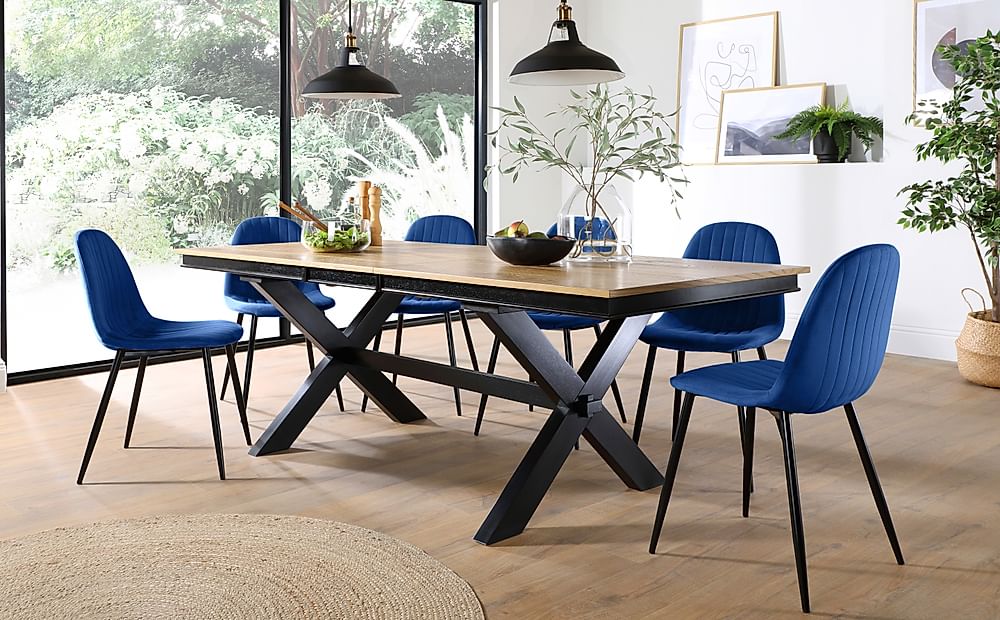 Grange Extending Dining Table & 8 Brooklyn Chairs, Natural Oak Veneer & Black Solid Hardwood, Blue Classic Velvet & Black Steel, 180-220cm