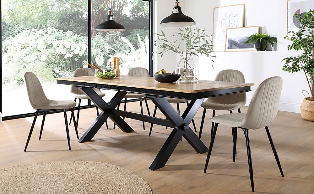 Grange Extending Dining Table & 6 Brooklyn Chairs, Natural Oak Veneer & Black Solid Hardwood, Champagne Classic Velvet & Black Steel, 180-220cm