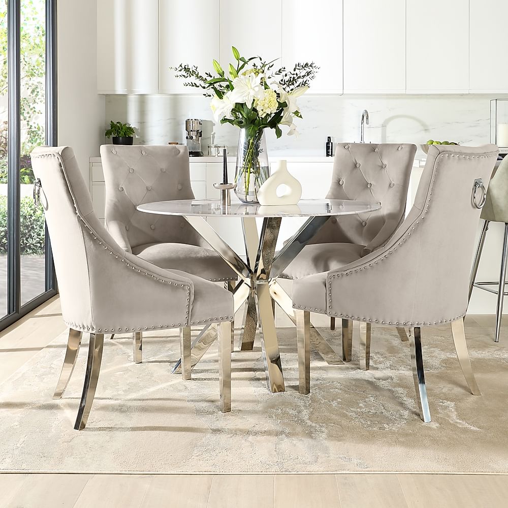 Plaza Round Dining Table & 4 Imperial Chairs, Grey Marble Effect & Chrome, Champagne Classic Velvet, 110cm