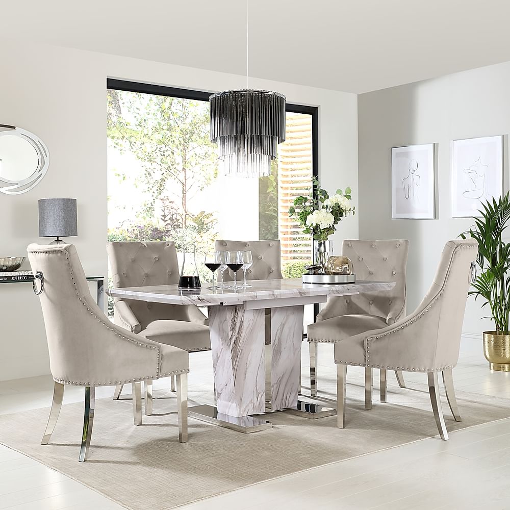 Vienna Extending Dining Table & 4 Imperial Chairs, Grey Marble Effect, Champagne Classic Velvet & Chrome, 120-160cm