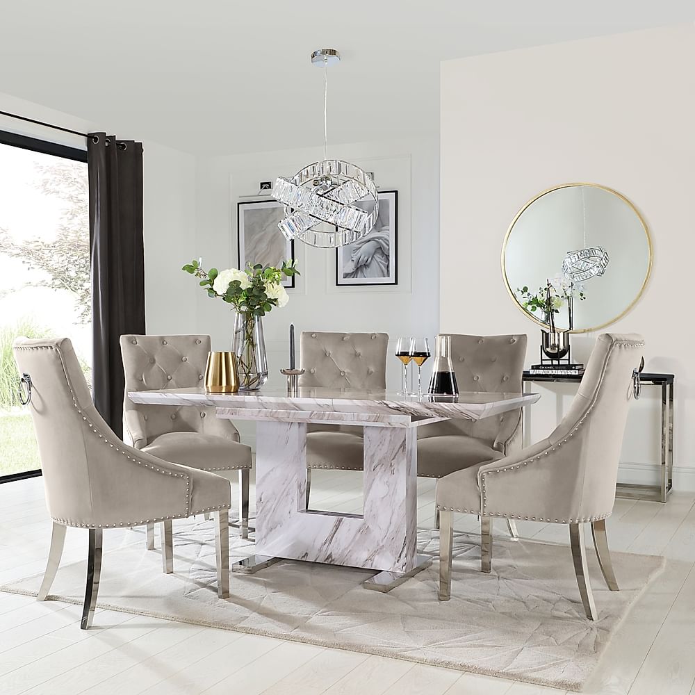 Florence Extending Dining Table & 4 Imperial Chairs, Grey Marble Effect, Champagne Classic Velvet & Chrome, 120-160cm