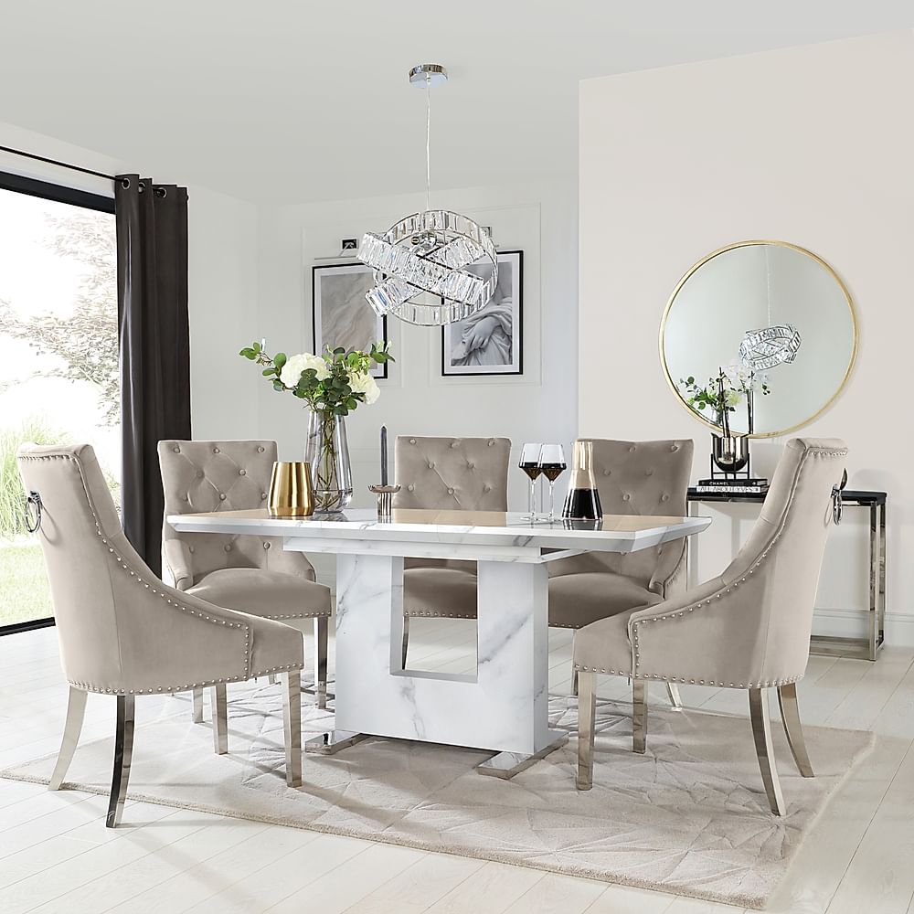 Florence Extending Dining Table & 4 Imperial Chairs, White Marble Effect, Champagne Classic Velvet & Chrome, 120-160cm