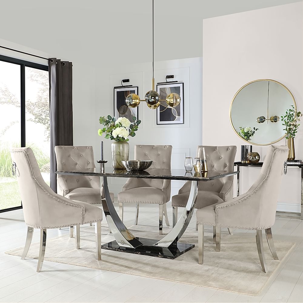 Peake Dining Table & 4 Imperial Chairs, Black Marble Effect & Chrome, Champagne Classic Velvet, 160cm