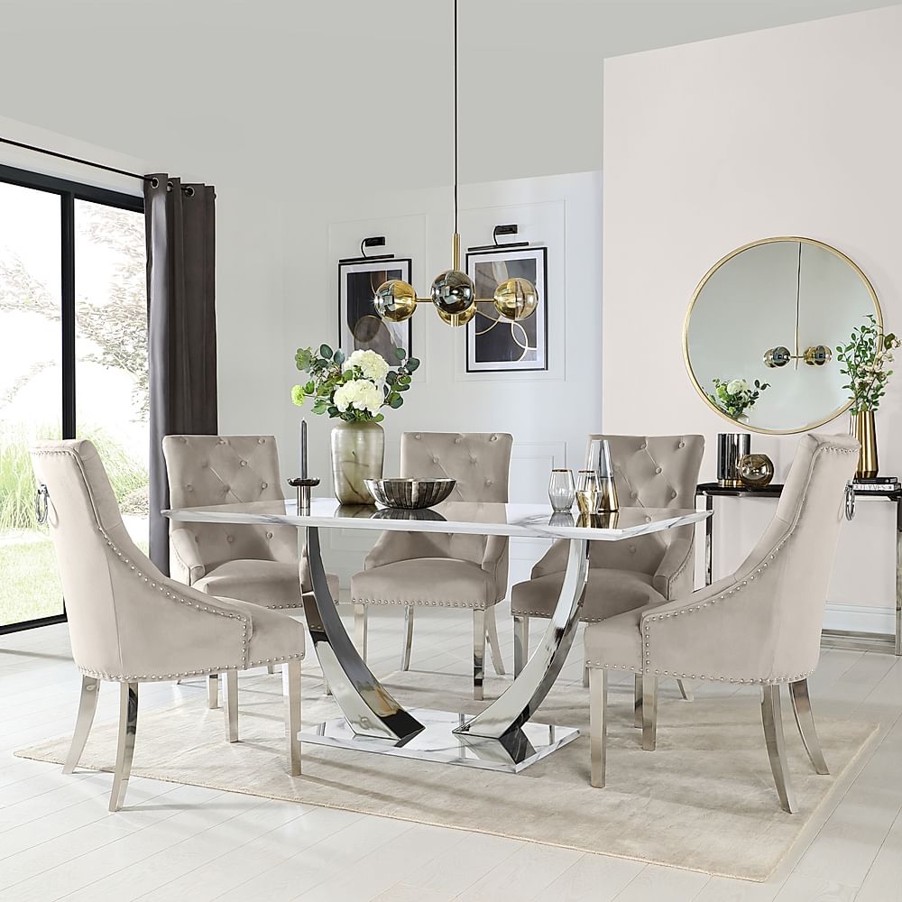 Peake Dining Table & 4 Imperial Chairs, White Marble Effect & Chrome, Champagne Classic Velvet, 160cm