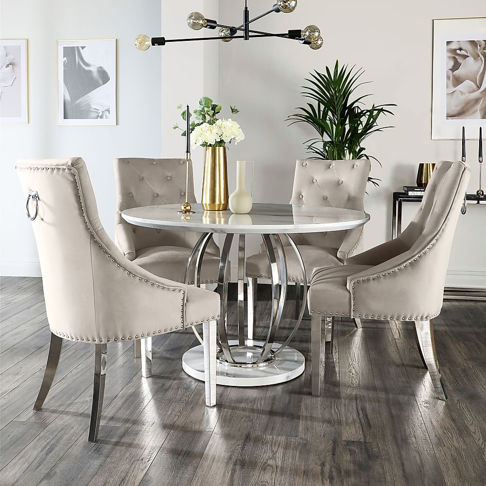 Savoy Round Dining Table & 4 Imperial Chairs, White Marble Effect & Chrome, Champagne Classic Velvet, 120cm