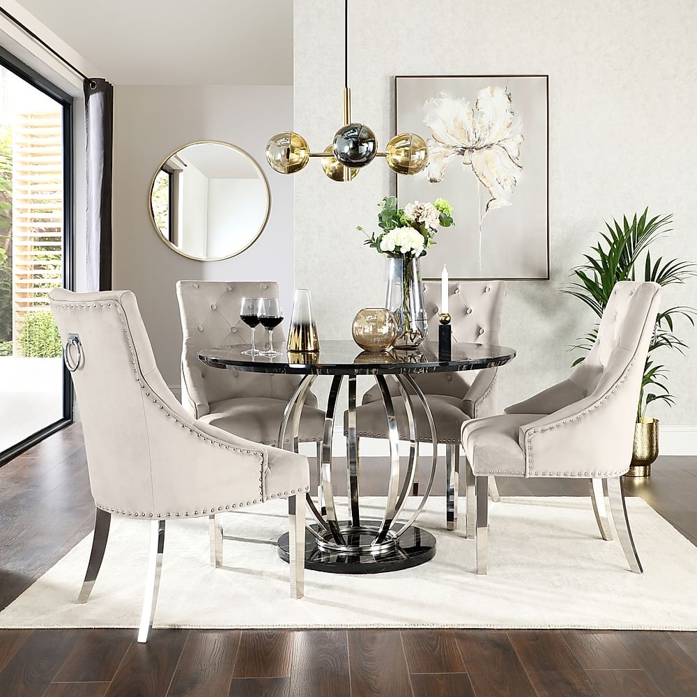 Savoy Round Dining Table & 4 Imperial Chairs, Black Marble Effect & Chrome, Champagne Classic Velvet, 120cm