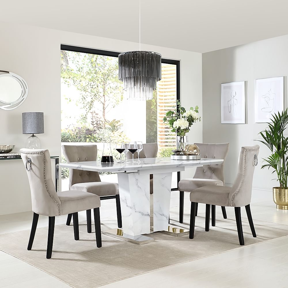 Vienna Extending Dining Table & 4 Kensington Chairs, White Marble Effect, Champagne Classic Velvet & Black Solid Hardwood, 120-160cm