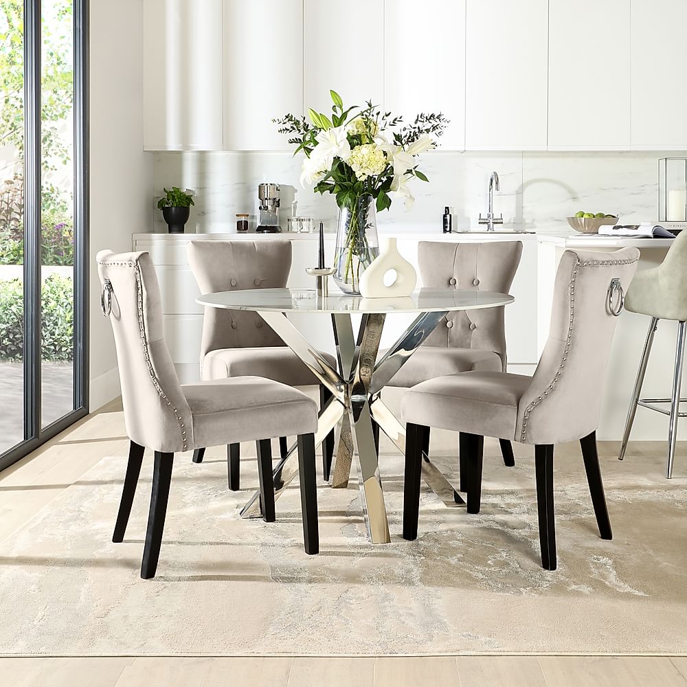 Plaza Round Dining Table & 4 Kensington Chairs, White Marble Effect & Chrome, Champagne Classic Velvet & Black Solid Hardwood, 110cm