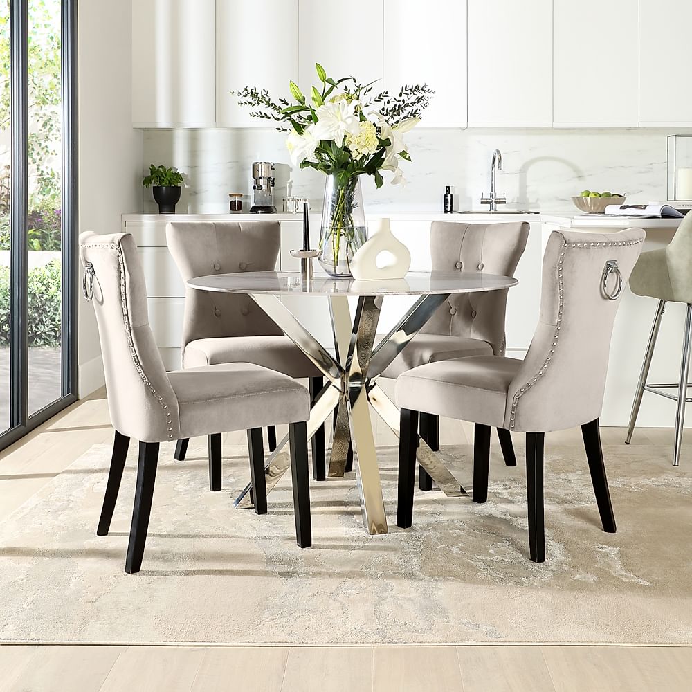 Plaza Round Dining Table & 4 Kensington Chairs, Grey Marble Effect & Chrome, Champagne Classic Velvet & Black Solid Hardwood, 110cm