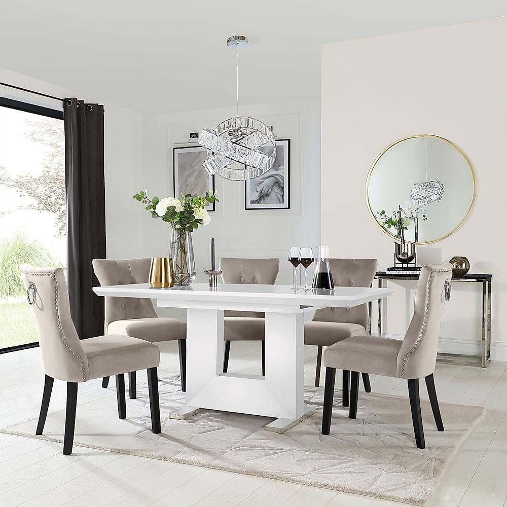 Florence Extending Dining Table & 4 Kensington Chairs, White High Gloss, Champagne Classic Velvet & Black Solid Hardwood, 120-160cm