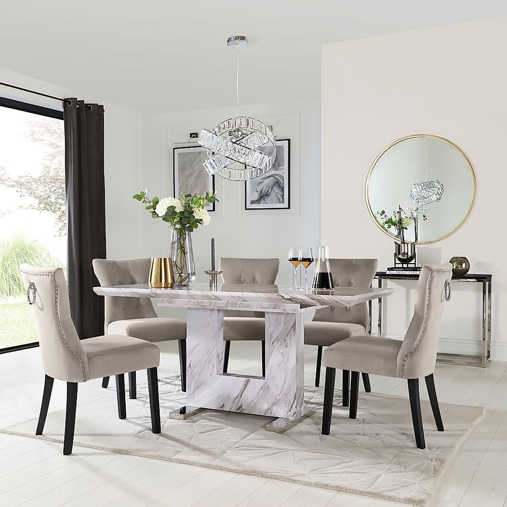 Florence Extending Dining Table & 4 Kensington Chairs, Grey Marble Effect, Champagne Classic Velvet & Black Solid Hardwood, 120-160cm