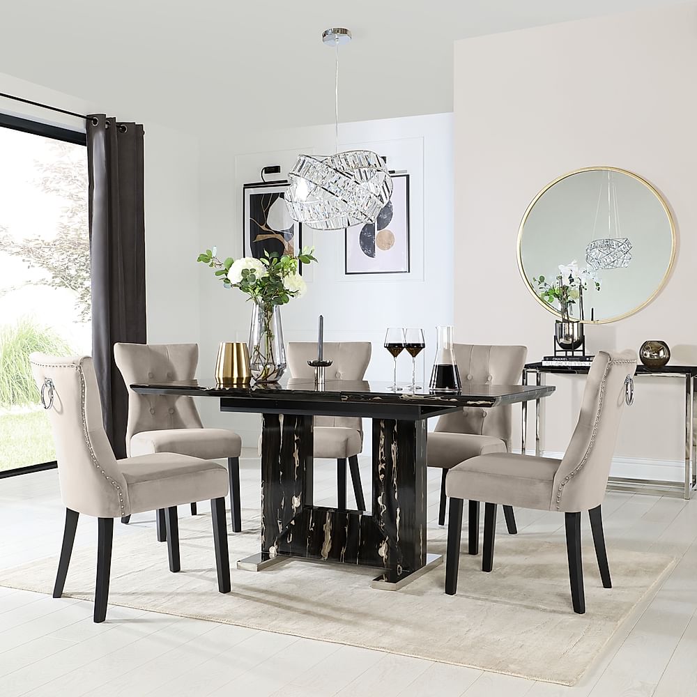 Florence Extending Dining Table & 6 Kensington Chairs, Black Marble Effect, Champagne Classic Velvet & Black Solid Hardwood, 120-160cm