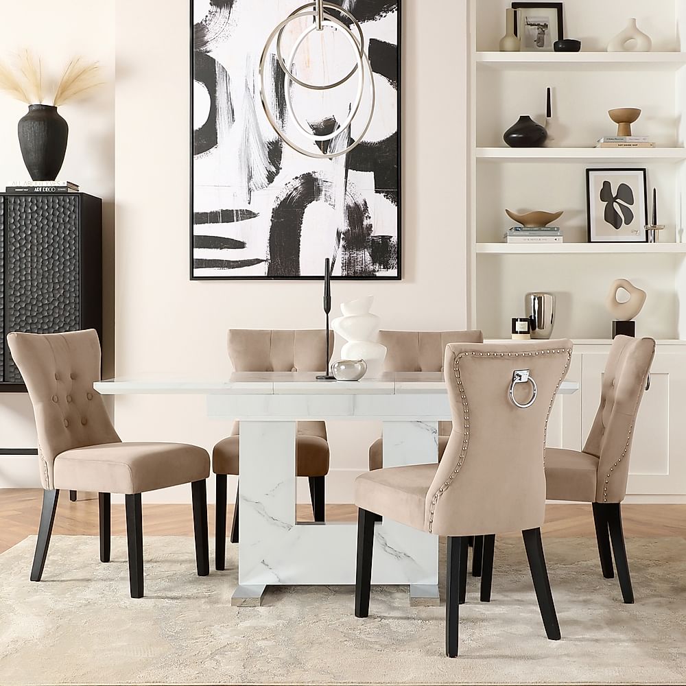 Florence Extending Dining Table & 4 Kensington Chairs, White Marble Effect, Champagne Classic Velvet & Black Solid Hardwood, 120-160cm