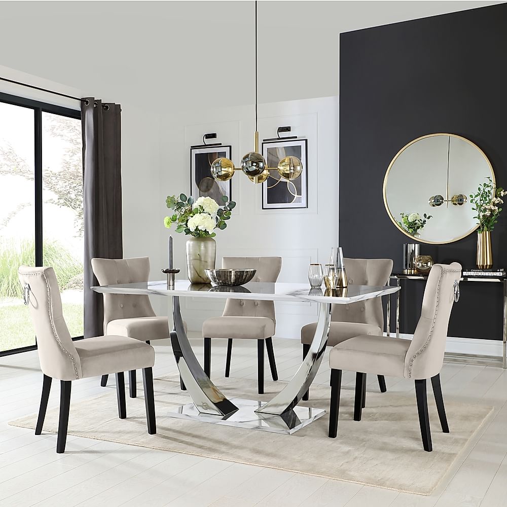 Peake Dining Table & 4 Kensington Chairs, White Marble Effect & Chrome, Champagne Classic Velvet & Black Solid Hardwood, 160cm