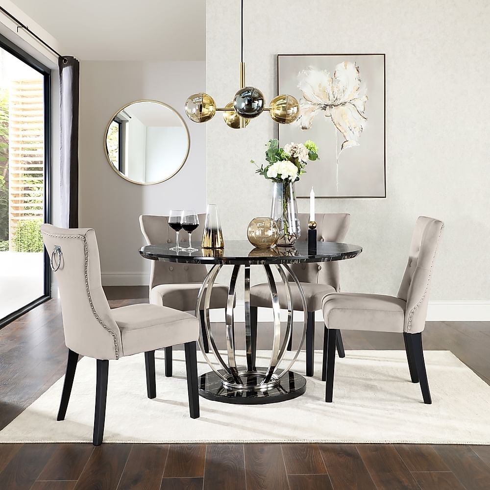 Savoy Round Dining Table & 4 Kensington Chairs, Black Marble Effect & Chrome, Champagne Classic Velvet & Black Solid Hardwood, 120cm