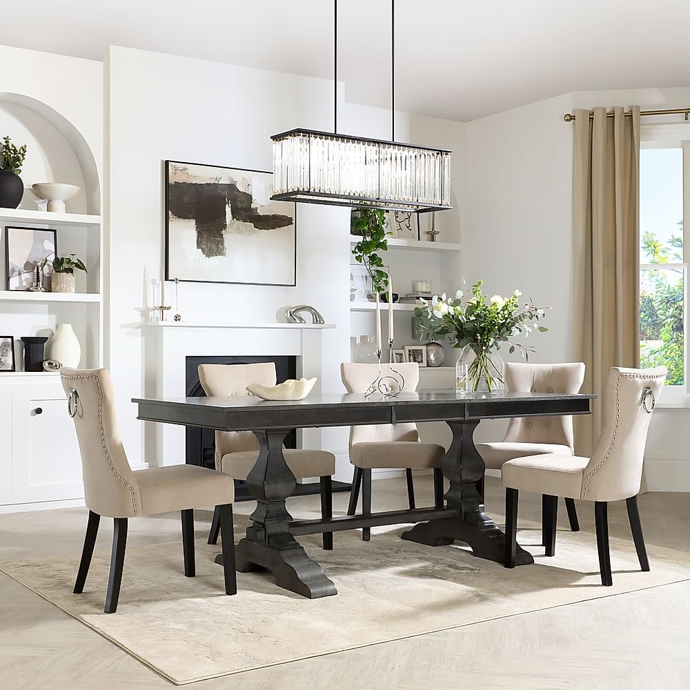 Cavendish Extending Dining Table & 4 Kensington Chairs, Grey Oak Veneer & Solid Hardwood, Champagne Classic Velvet & Black Solid Hardwood, 160-200cm