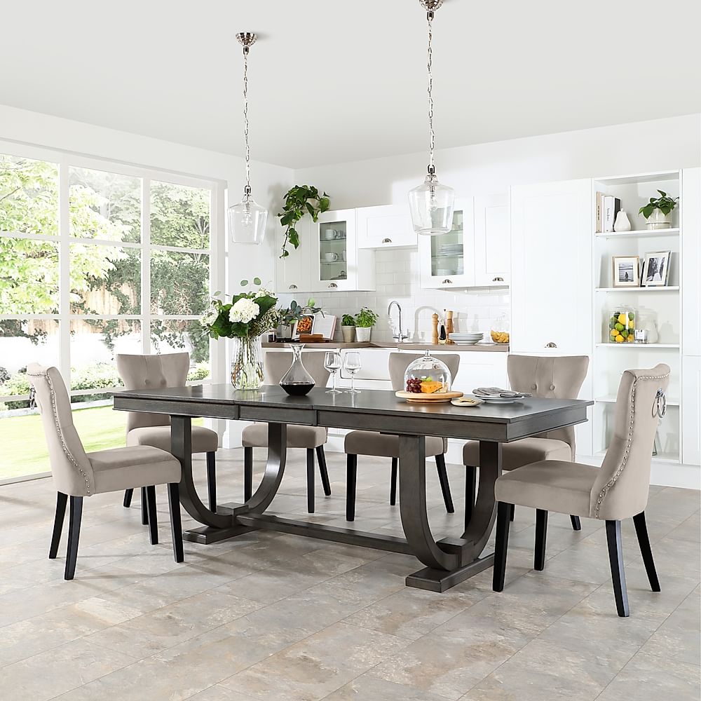 Pavilion Extending Dining Table & 8 Kensington Chairs, Grey Oak Veneer & Solid Hardwood, Champagne Classic Velvet & Black Solid Hardwood, 180-225cm