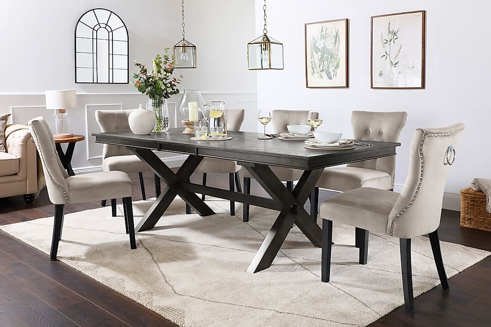 Grange Extending Dining Table & 6 Kensington Chairs, Grey Oak Veneer & Solid Hardwood, Champagne Classic Velvet & Black Solid Hardwood, 180-220cm