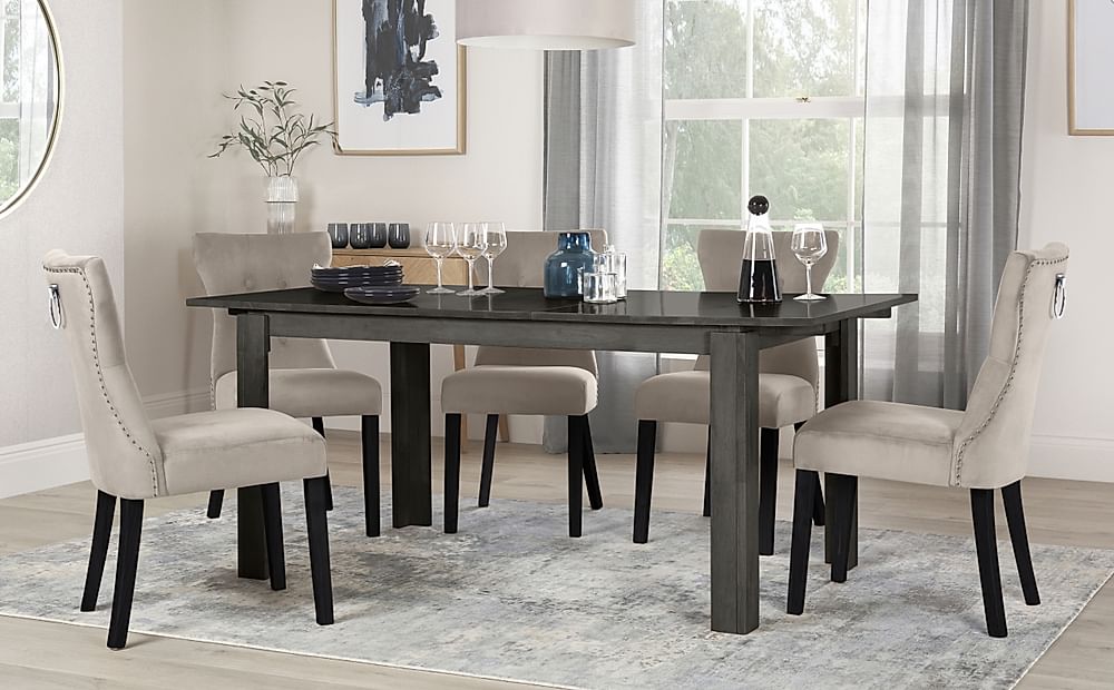 Bali Extending Dining Table & 4 Kensington Chairs, Grey Solid Hardwood, Champagne Classic Velvet & Black Solid Hardwood, 150-180cm