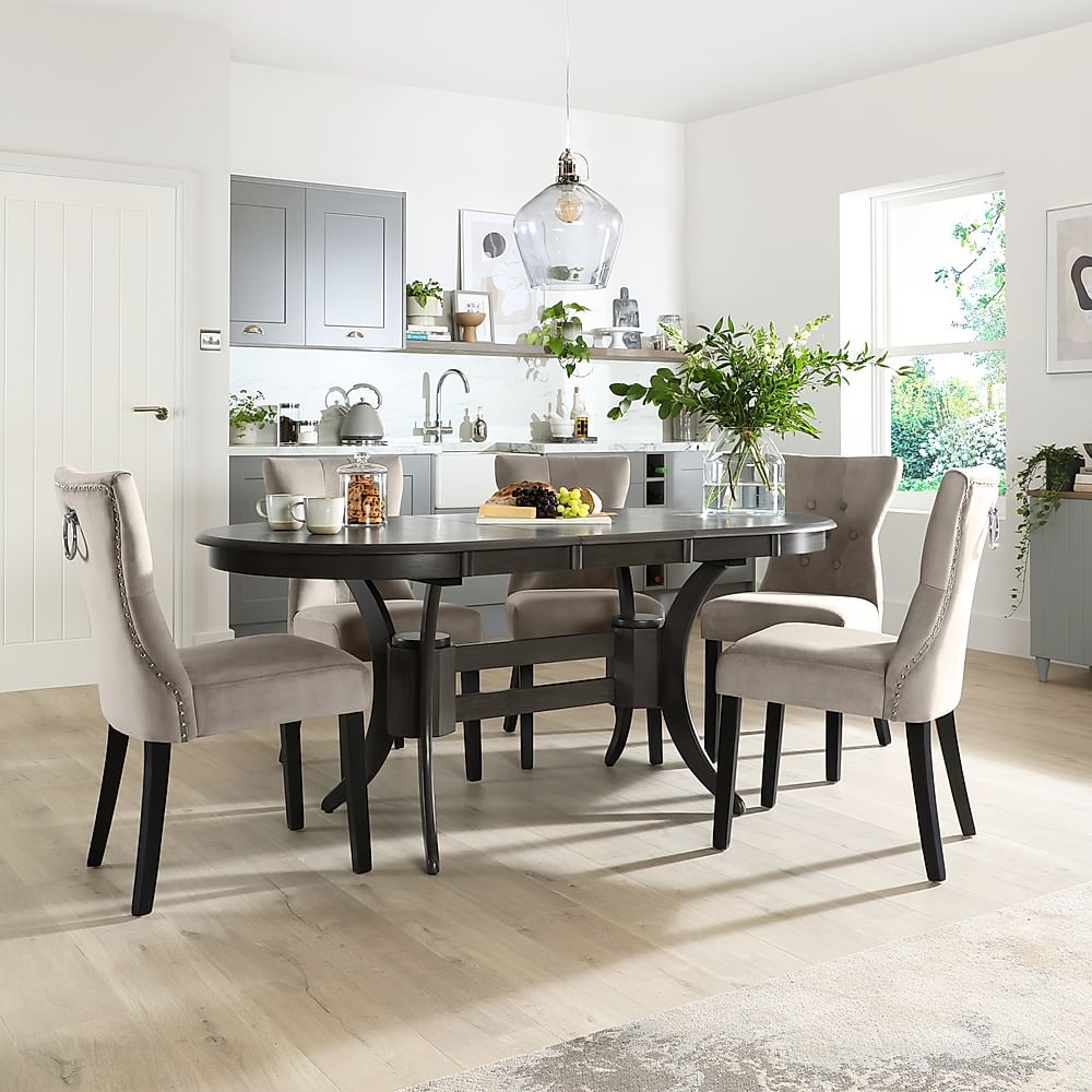Townhouse Oval Extending Dining Table & 6 Kensington Chairs, Grey Solid Hardwood, Champagne Classic Velvet & Black Solid Hardwood, 150-180cm