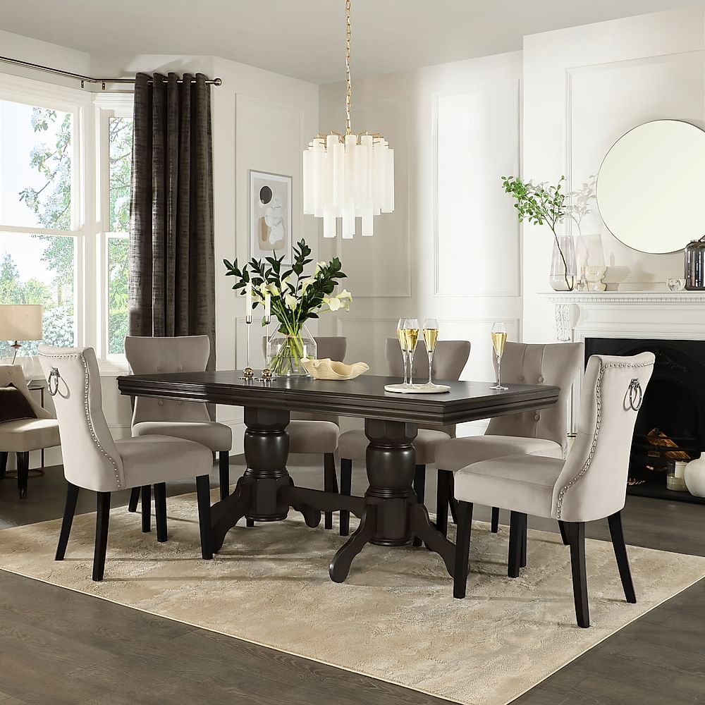 Chatsworth Extending Dining Table & 8 Kensington Chairs, Grey Birch Veneer & Solid Hardwood, Champagne Classic Velvet & Black Solid Hardwood, 150-180cm