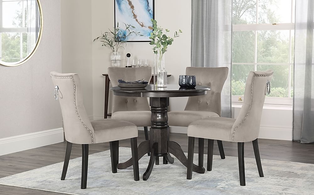 Kingston Round Dining Table & 2 Kensington Chairs, Grey Solid Hardwood, Champagne Classic Velvet & Black Solid Hardwood, 90cm