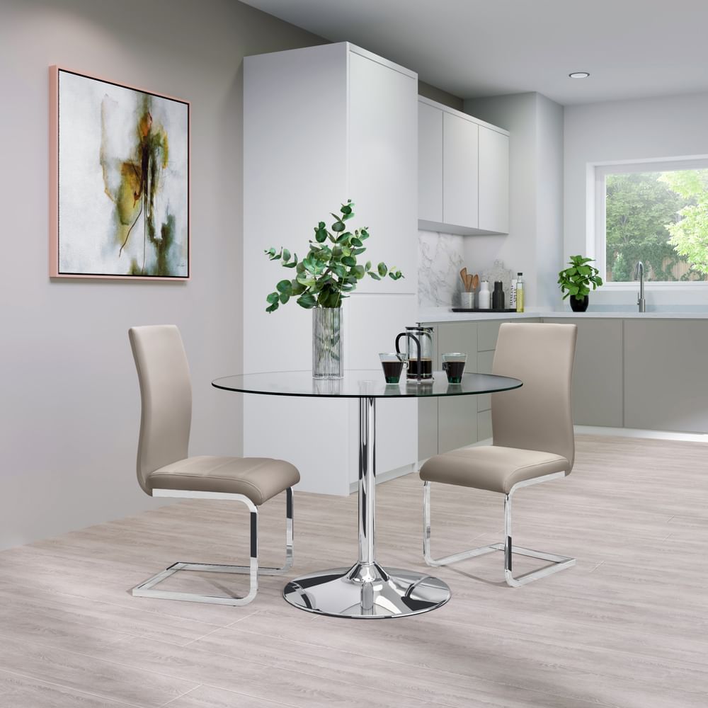 Orbit Round Dining Table & 2 Perth Chairs, Glass & Chrome, Champagne Classic Velvet, 110cm