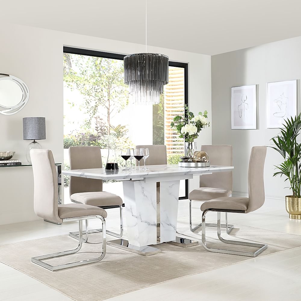 Vienna Extending Dining Table & 4 Perth Chairs, White Marble Effect, Champagne Classic Velvet & Chrome, 120-160cm