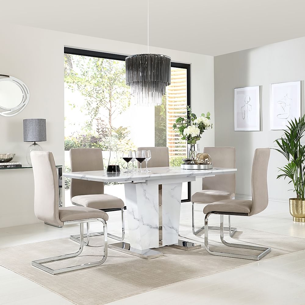 Vienna Extending Dining Table & 6 Perth Chairs, White Marble Effect, Champagne Classic Velvet & Chrome, 120-160cm