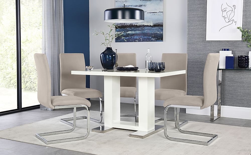 Joule Dining Table & 4 Perth Chairs, White High Gloss, Champagne Classic Velvet & Chrome, 120cm