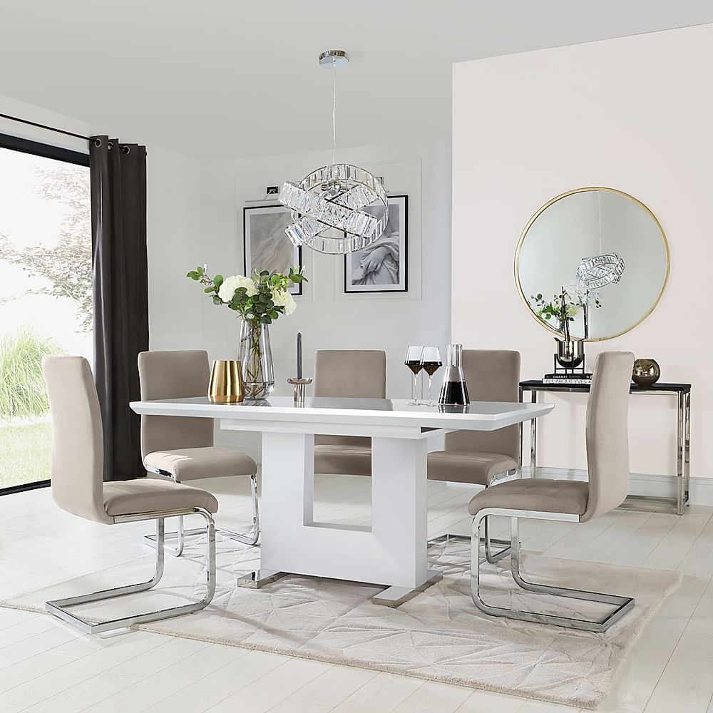 Florence Extending Dining Table & 6 Perth Chairs, White High Gloss, Champagne Classic Velvet & Chrome, 120-160cm