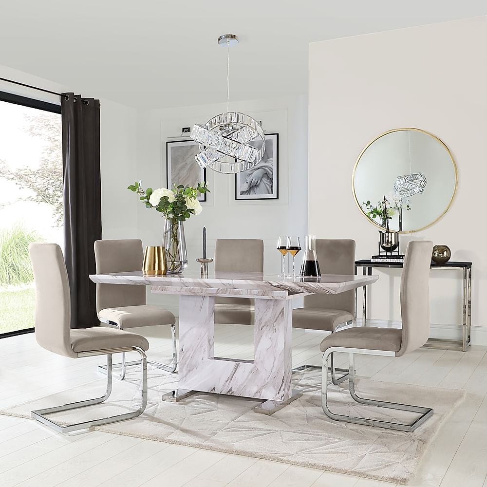 Florence Extending Dining Table & 4 Perth Chairs, Grey Marble Effect, Champagne Classic Velvet & Chrome, 120-160cm