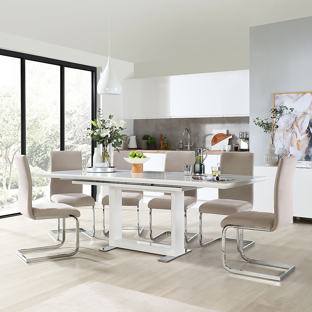 Tokyo Extending Dining Table & 6 Perth Chairs, White High Gloss, Champagne Classic Velvet & Chrome, 160-220cm