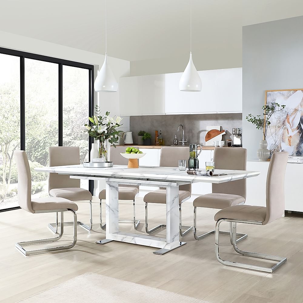 Tokyo Extending Dining Table & 4 Perth Chairs, White Marble Effect, Champagne Classic Velvet & Chrome, 160-220cm