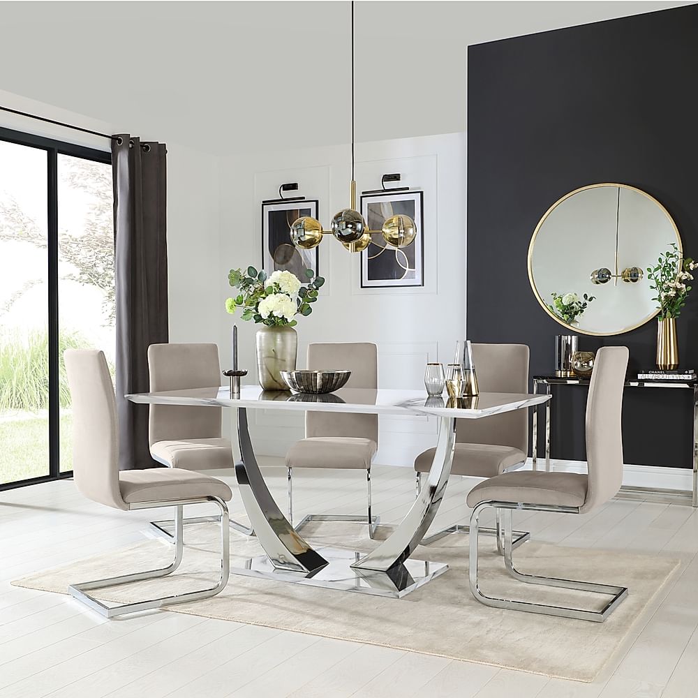 Peake Dining Table & 4 Perth Chairs, White Marble Effect & Chrome, Champagne Classic Velvet, 160cm