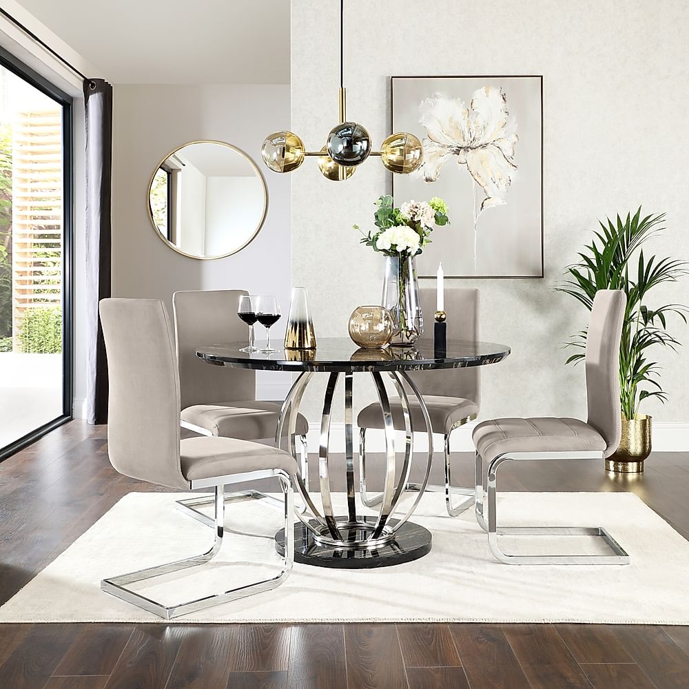 Savoy Round Dining Table & 4 Perth Chairs, Black Marble Effect & Chrome, Champagne Classic Velvet, 120cm