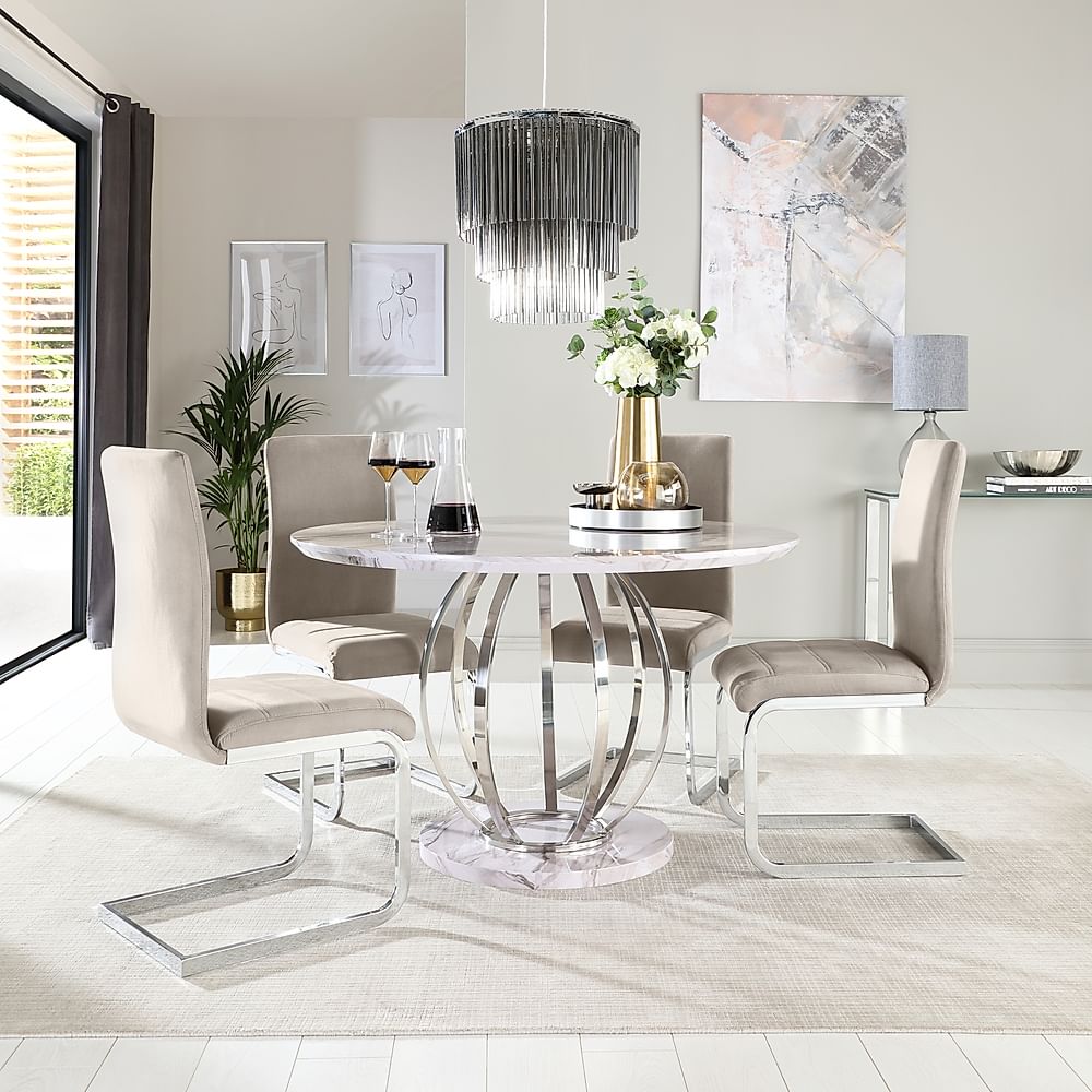 Savoy Round Dining Table & 4 Perth Chairs, Grey Marble Effect & Chrome, Champagne Classic Velvet, 120cm