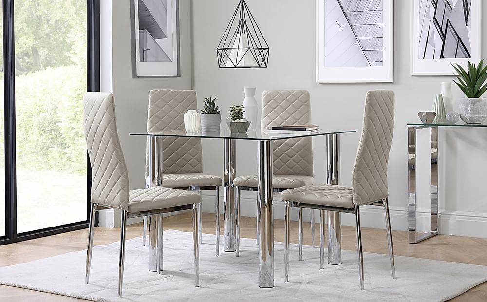 Nova Square Dining Table & 4 Renzo Chairs, Glass & Chrome, Champagne Classic Velvet, 90cm