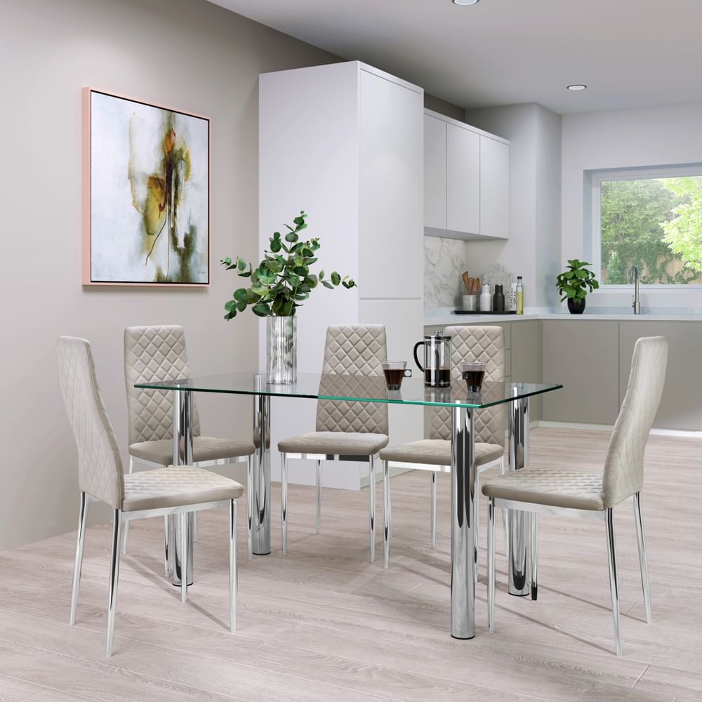 Lunar Dining Table & 6 Renzo Chairs, Glass & Chrome, Champagne Classic Velvet, 140cm