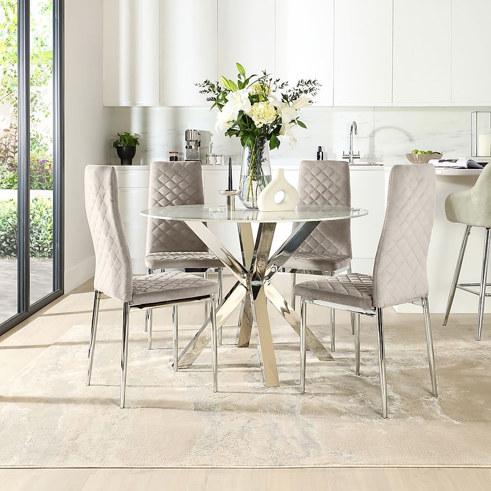 Plaza Round Dining Table & 4 Renzo Chairs, White Marble Effect & Chrome, Champagne Classic Velvet, 110cm