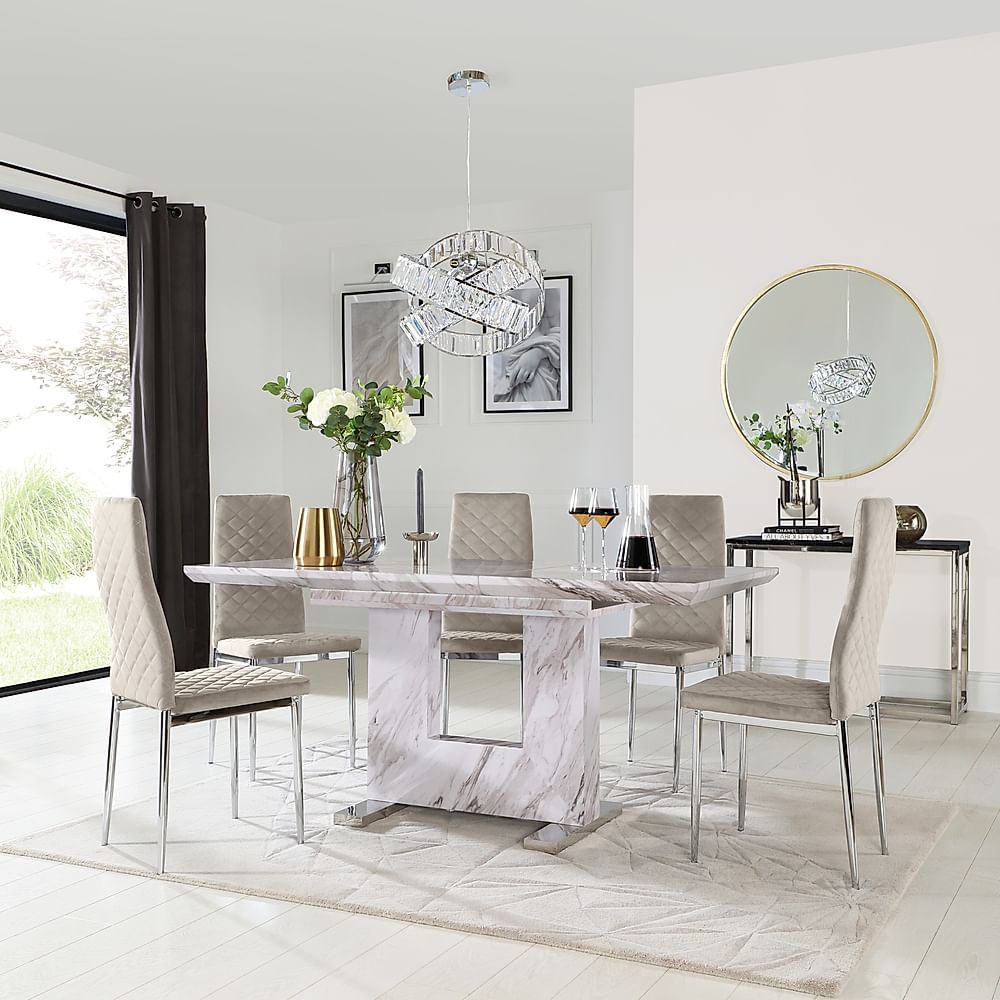 Florence Extending Dining Table & 4 Renzo Chairs, Grey Marble Effect, Champagne Classic Velvet & Chrome, 120-160cm