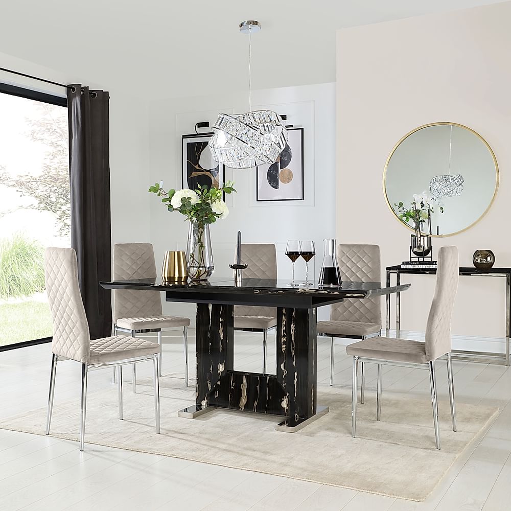 Florence Extending Dining Table & 4 Renzo Chairs, Black Marble Effect, Champagne Classic Velvet & Chrome, 120-160cm