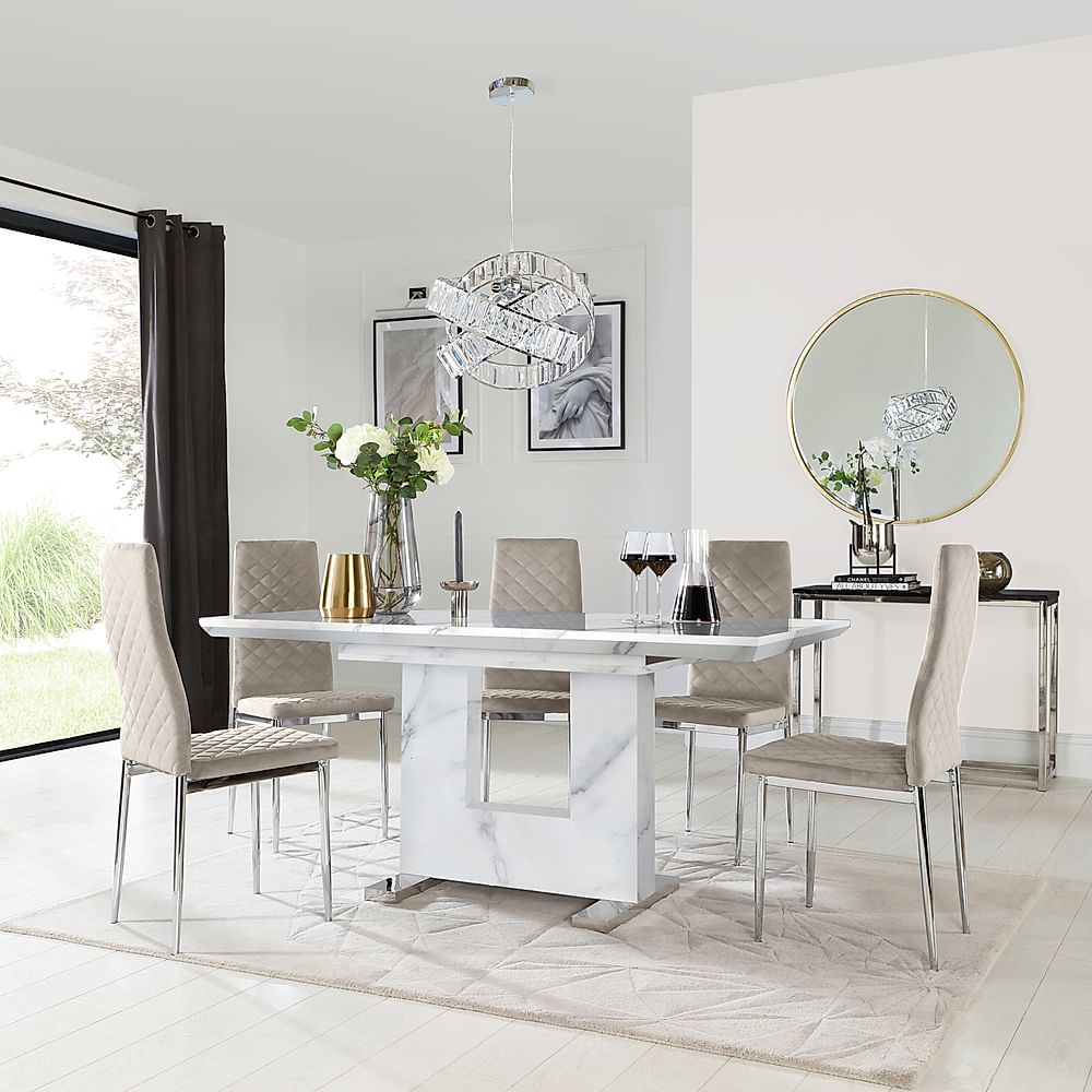 Florence Extending Dining Table & 6 Renzo Chairs, White Marble Effect, Champagne Classic Velvet & Chrome, 120-160cm